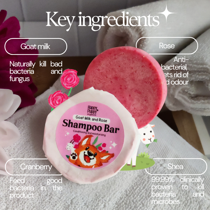 Happy Puppy Organics Moisturizing Shampoo Bar with Goat Milk, Rose & Cranberry for Dogs